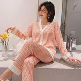 Spring and Summer New Ice Silk Pajamas Homewear Set Girls Long-Sleeved V-Neck Cardigan Simulation Silk Lapel Pajamas Homewear Se