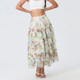 Early Fall Floral Print Ruffle Mesh Skirt Women Irregular Flowy A-line Midi Skirt for Travel, Beach, Shopping