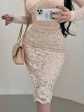 Pure Desire Style High Waist Back Slit Lace Bodycon Midi Skirt Fashion Slim Women Long Skirts PNC2