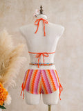 Vintage Blue Striped Knitted Cover Up 3 Piece Bikini Set 2026 Swimwear Women Push Up Bra Drawstring High Waist Shorts Swimsuit