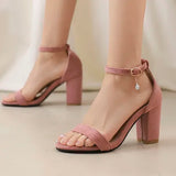 Beige Suede Ankle Strap Block Heel Sandals for Women, Round Open Toe with Rhinestone Accent, Multiple Colors Available
