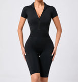 Women's One-Piece Suit Zipper Short Sleeve Gym Push Up Workout Clothes Fitness Short Bodysuit Sportswear Jumpsuits