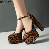 NASBAVI High Heeled Women's Sandals Buckle Pointed Toe Leopard Platform Shoes Woman Spring Design Sexy Elegant Gladiator Sandals