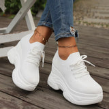 White Knitted Wedge Heels Sneakers Women Spring Autumn Breathable Chunky Platform Sneakers Woman Slip On Mesh Running Shoes 42