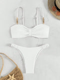 Front Knotted Metal Strap Ribbed Bikini Women Swimwear Female Swimsuit Two Pieces Bikini Set High Cut Bathing Suit Swim Beach