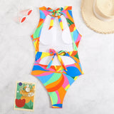 2026 Color Block Swimsuit One Piece Backless Printed Swimwear Women Bathers Bathing Swimming Swim Suit Padded Beachwear Summer