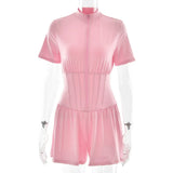 FDYOUI New 2026 Summer Zip-up Corset Playsuits Women Casual Short Sleeve Sports Fitness Overalls One Piece Tunics Yoga Bodysuit