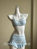 Girls' pure lust style summer bikini three-piece knitted sweater holiday split swimsuit for women