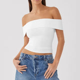 Elegant Women's Crop Top Solid Color Slash neck Top Lady Y2K Streetwear Fashionable Slim Fit Tee Summer Outfit Women's Clothes