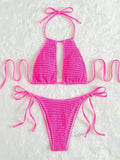2025 Halter Tie Side Hollow Out Smocked Bikini Women Swimsuit Female Swimwear Two Pieces Bikini Set Swim Bathing Suit Beach Wear