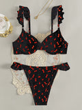 Cherry Printed Underwired V-bar Ruffled Bikini Women Swimwear Female Swimsuit Two-pieces Bikini Set Push Up Bathing Suit Swim