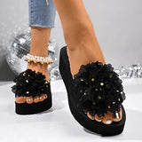 Mesh Big Flower Wedges Slippers Women Plus Size 43 Gold Sequins Platform Sandals Woman 2026 Summer Thick Sole Casual Slides