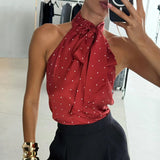 Phantasy Office Lady Polka Dot Tanks Eleghant Halter Black Top Women Sexy Lace up Sleeveless Red Vest 2026 Summer Clothing