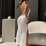 DEKA Women Knitted Beach Deep V Cover Ups Crochet Cutout Backless Dress for Bikini Swimsuit Bathing Suit Summer Clothes