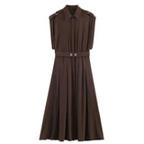 Women's Fashion Midi Dress Brown Sleeveless Shirt Dress For Women Shoulder Details Buttoned Waist Button Elegant For Wear PS9Y