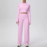 2 Pcs Women's Seamless Yoga Set Long-sleeved Wide-leg Pants Tracksuit Fitness Sports Set High-waisted Hip-lifting Slim-fit Suit