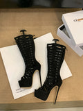 2025 New Summer Open Toe Women Knee High Boots Sandals Design Style Narrow Band Thin High Heels Zipper Party Shoes