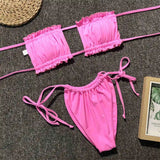 Sexy Pink Bandeau Frilled Bikini Swimsuit Female Swimwear Women Two-Pieces Bikini Set Bather Padded Bathing Suit Swim V1242B