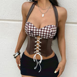 Summer Red White Plaid Corset Women Hanging Neck Bandage Cross Slim Fishbone Tank Top Retro Sleeveless Y2K Club Party Camisole