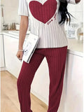 Autumn Winter Round Neck Short Sleeve Long Pants with Ribbed Stripes and Letter Heart Print Women's Pajamas Home Wear
