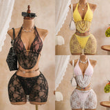 Sexy Black Mesh Shorts 3 Piece Bikinis Sets  2026 Women Pearls Push Up Tassel Bra Swimsuit Beach Holiday Bathing Suit Swimwear