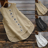 Women Vintage Cotton Linen Tanks Tops Round Neck Floral Print Shirt Summer Sleeveless Blouse Elegant Female Casual Loose Tops
