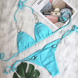DEKA Halter Crystal Diamond Bikini Set Women Brazilian Swimwear Metal Ring Linked Swimsuit Female Bathing Suit