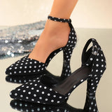 Fashion Polka Dot Ankle Buckle Pumps Women Plus Size 42 Pointed Toe High Heels Sandals Woman Elegant Thick Heel Party Shoes