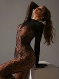 Elegant Long Jumpsuits Leopard Print Sexy Tights With Gloves One-piece Tops Women's Hot Semi-Sheer BodyStockings Female Overalls