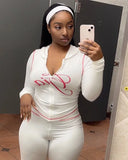 2026 New Women Ins Fashion Solid Color Sexy Straight Shoulder Contrast Stitch Long Sleeve 2 Piece Outfit