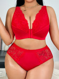 Plus Size Front Closure Lingerie Set, French Lace Sweet & Sexy Bra, Alluring Underwear Outfit