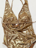 DEKA Deep V Gold Backless Swimwear One Piece Swimsuit Women High Leg Cut Bathing Suit Monokini Back String Cross Swim Beach Wear