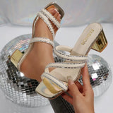 Rhinestone Sandals Women's Shoes 2026 Summer Trend Fashion Square Toe Crystal Heel Slippers Simple Shiny Vacation With Skirt