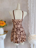 Vintage Coffee Floral Print Two Piece Swimsuit 2026 Women V Neck Slim Dress High Waist Short Swimsuit Beach Bathing Suit Bikini