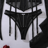 Toucheart Erotic Lingerie black Thin model see-through mesh Patchwork Body shaping gather together pure desire 5PCS with Gloves