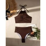 Halter Wrinkled High Neck Female Swimsuit High Waist Bikini Women Swimwear Two-pieces Bikini set Bather Bathing Suit Swim K5616