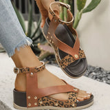Summer Leopard Print Wedge Sandals Women Plus Size Ankle Strap High Heel Sandal Female New Slip On Pu Leather Sandalias Mujer