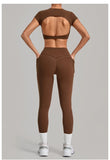Yoga Set Women's Tracksuit Short Sleeve Back Hollow Out Sports Top Athletic Wear Tight High Waist Pocket Leggings Fitness Suits