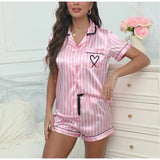Ladies' Summer Striped Embroidered Love Victoria Style Pajama Set Short Sleeve Top Short Pants Casual  Two Piece Home Clothing