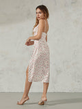 Women Summer Floral Print Party Club Midi Dress Sleeveless Spaghetti Strap Bustier Backless Thigh Slit Slim Dress
