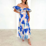Sexy Dresses For Women Summer Trendy Boho Floral Printed Short Sleeve Vestido Seductive Off Shoulder Knee Length Dress For Woman