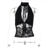FDYOUI Woman Clothes Elegant Bandage Mesh Corset Tops 2026 Female Halter V-neck Lace-up Tank Top Black T-shirt Y2K Streetwear