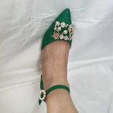 ZOKI Fashion Pearl Buckle Square Heels Pumps Women Pointed Toe Bling Crystal Party Shoes Woman Elegant Med Heels Bride Shoes