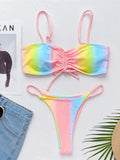Rainbow Printed Micro Thong Lace Up Bikini Female Swimsuit Two-Pieces Bikini Set Bather Bathing Suit Swim Women Swimwear V3075