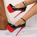 Zoki Fashion Pink Stiletto Heel Pumps Women Plus Size Super High Heel Shoes Woman Patent Leather Ankle Buckle Party Shoes 45