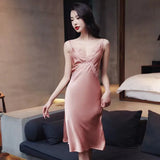 Sexy Silk Nightgowns Lace Satin Nightdress New Summer Women Home Strap Sleepwear Lingerie Long Sleeping Dress