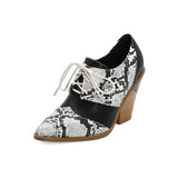 Snake Print Pumps Women Lace Up Brogue Shoes Pointed Toe Wedge Heels Deep Mouth Plus Size 40 41 42