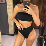 S - XL Bandeau Wrinkled Female Swimsuit High Waist Bikini Women Swimwear Two-Pieces Bikini Set Bather Bathing Suit Swim V5904
