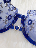 Women's Royal Blue Floral Embroidery Lingerie Set Half Cup Push Up Bra And Thong Sheer Mesh Lace Comfortable SexyUnderw ZA824026