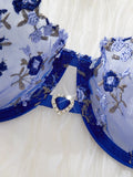 Women's Royal Blue Floral Embroidery Lingerie Set Half Cup Push Up Bra And Thong Sheer Mesh Lace Comfortable SexyUnderw ZA824026